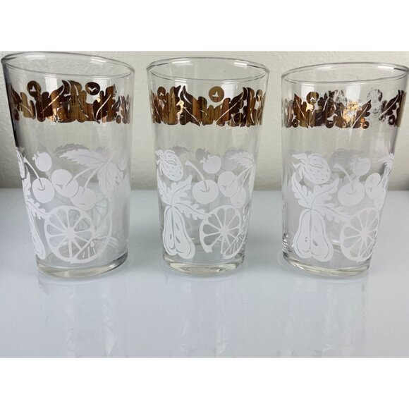 Set of 3 Vintage Mid-Century Modern Fruit Design Glass Tumbler White Gold Dining - Picture 4 of 11